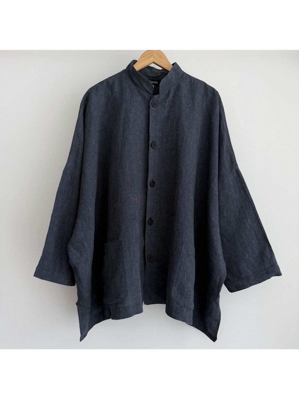 Eskandar Blazer Jacket Size 2 Gray Linen Lagenlook Oversized Stand Collar Artsy